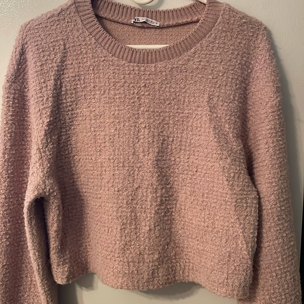 ZARA SZ M SWEATER soft touch‎ faux fur fabric pink pastel & metallic thread
